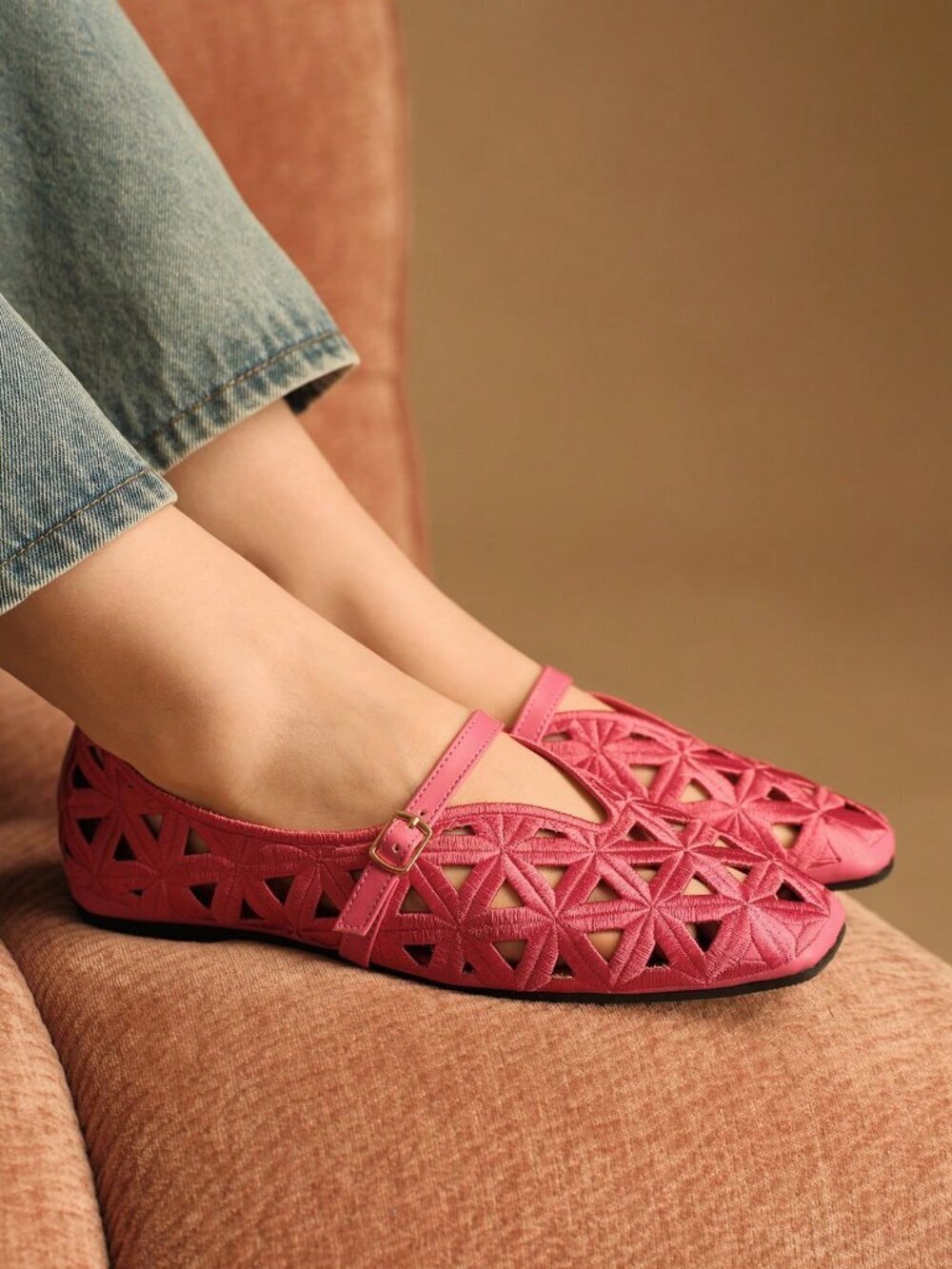 Watermelon Red Elegant Women's Hollow-Out French Square Toe Flats